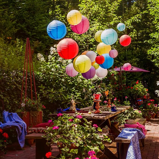 Hanging Paper Lanterns Decorative, Rainbow Colorful Chinese Paper Lanterns Ceiling Party Decorations with 14 LED Lights for Fiesta Mexican Party Baby Shower Birthday Wedding Anniversarie, Pack of 14