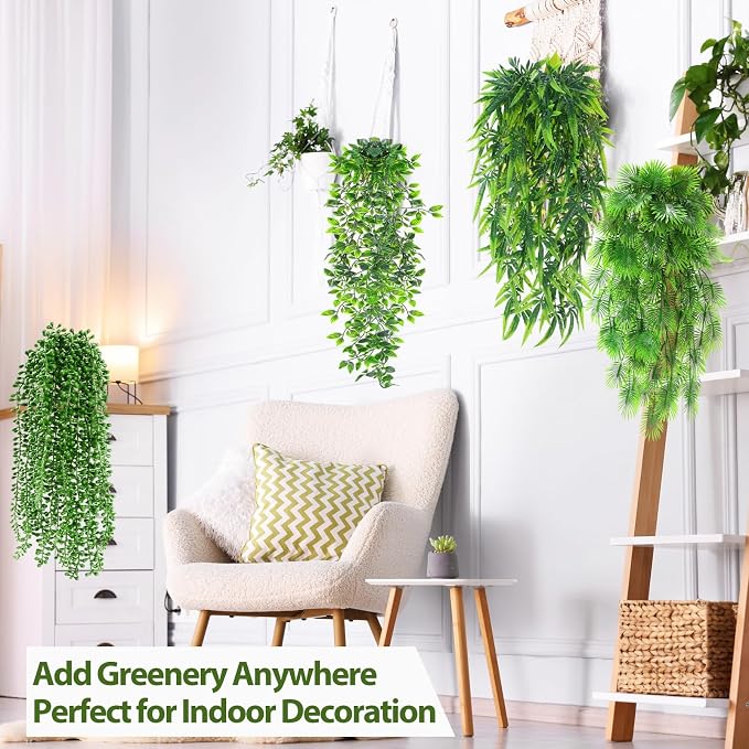 Daifunli 12 Pcs Artificial Hanging Plants Fake Hanging Ferns Plastic Fake Plant for Wall Room Garden Garland Indoor Outdoor Decor No Basket (Palm,Mandala,String of Pearls,Maple Leaf)