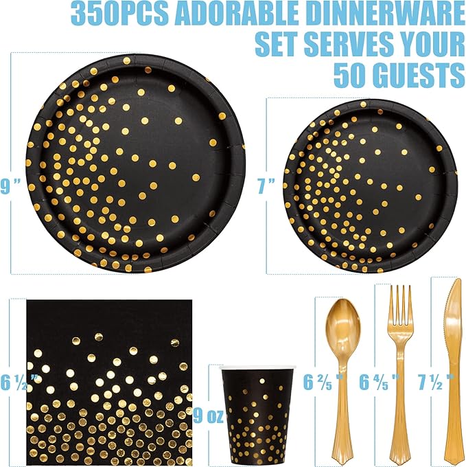 2026 Black and Gold New Years Eve Party Supplies Decorations, 350PCS Disposable Dinnerware Set w/Black Gold Dot Paper Plates Napkin Cup Plastic Forks Knives Spoon for Birthday Christmas Retirement