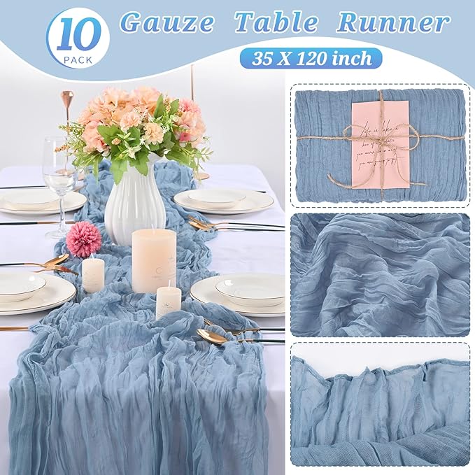 10 Pcs Dusty Blue Cheesecloth Table Runner 10FT, Gauze Table Runner for Wedding Reception Sheer Bridal Shower Birthday Party Boho Table Decoration, Rustic Romantic Wedding Runner