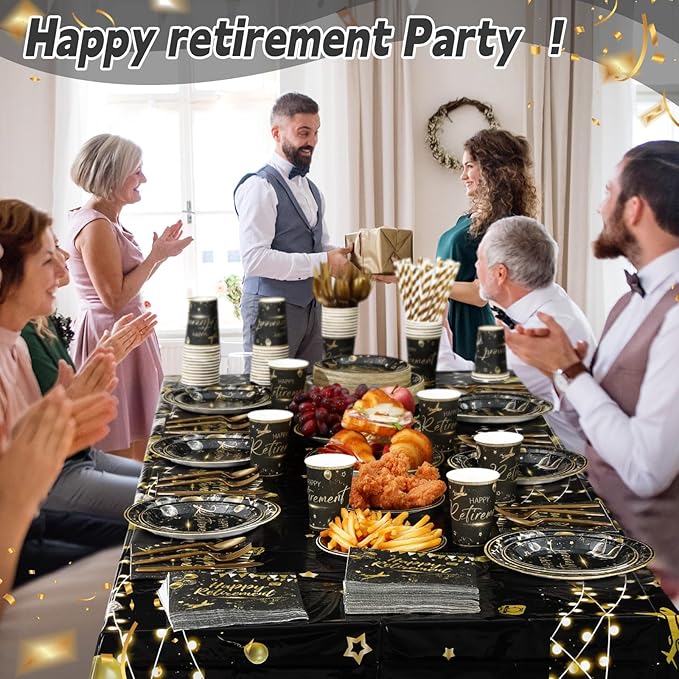 Potchen 452 Pcs Party Supplies Serve 50 Guests, Paper Plates Napkins Cups Cutlery Plastic Tablecloth Dinnerware for Birthday Wedding Party Decoration (Black Gold, Happy Retirement)