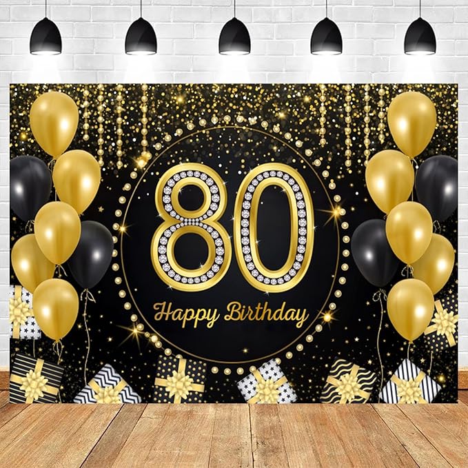 10x6.5ft Happy 80th Birthday Backdrop Black Gold 80 Years Birthday Party Photography Background 80th Anniversary Banner Decorations Men Women Celebration Party Portrait Photo Booth Prop