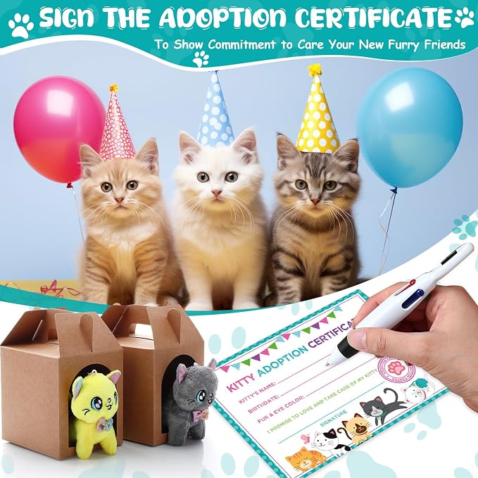Blueweenly 84 Pcs Adopt a Pet Party Supplies 24 Mini Animals 10 White Plastic Fence 24 Paper Gift Boxes 24 Adoption Cards with Mini Chalkboard and Artificial Lawn(Kitten)