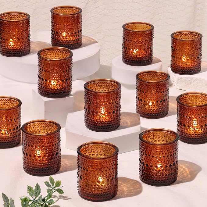 30 Pcs Amber Votive Candle Holders, Amber Glass Candle Holder with Polka Dot Embossed, Vintage Votive Candle Holders for Boho Weddings, Home Decor, Baby Shower, Special Occasions
