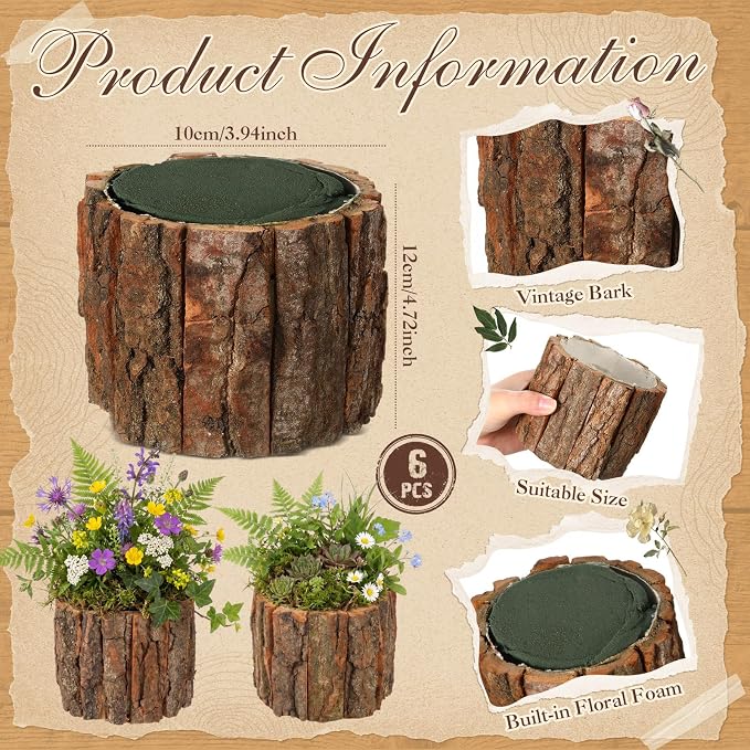 6 Set Wooden Vase for Centerpieces Wedding Flower Table Centerpieces Decor Rustic Bark Stump Bucket Farmhouse Wood Planter Pot for Woodland Party Window Home (Flower Foam,Large)