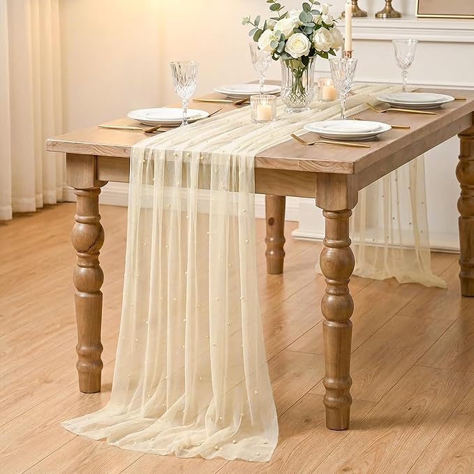 Artoid Mode 3PCS Pearl Champine Gauze Table Runner 120 Inch 10FT, Seasonal Sheer Dining Holiday Wedding Birthday Baby Shower Table Decor for Home Party