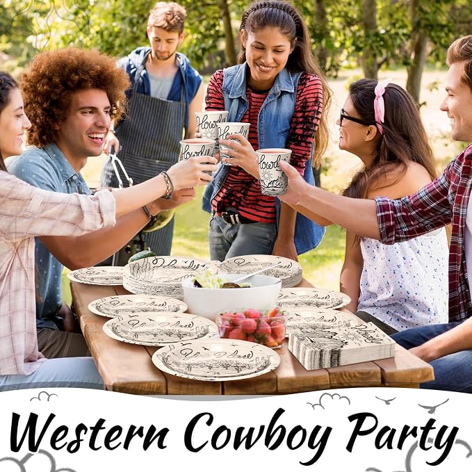 Pickmesh 250 Pcs Western Cowboy Cowgirl Party Decorations Black Wild West Disposable Tableware Set Howdy Yee Haw Paper Plates Napkins and Cups for Rodeo Birthday Baby Shower Party Decorations Serve 50