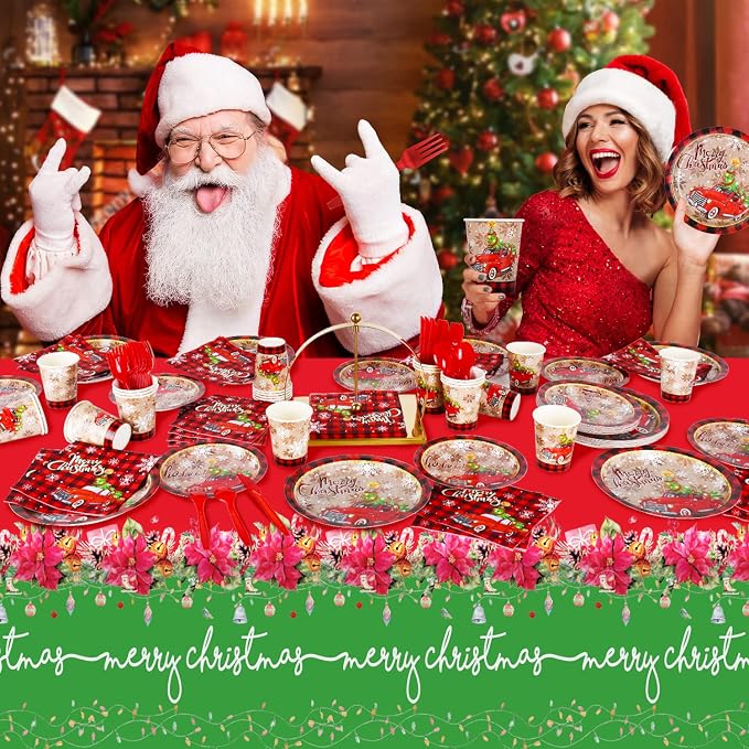 Christmas Party Supplies Disposable Paper Plates Napkins Cups Knives Spoons Forks Tablecloth for Merry Christmas Party Decorations，Serve 25