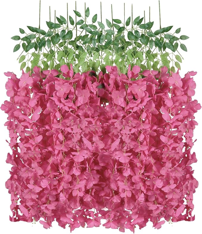 12PCS Artificial Wisteria Hanging Flowers 3.6ft Rose Red Fake Hanging Flowers Garland Silk Flowers Rattan String Faux Wisteria Vine for Garden Home Wedding Arch Decor (Rose Red)