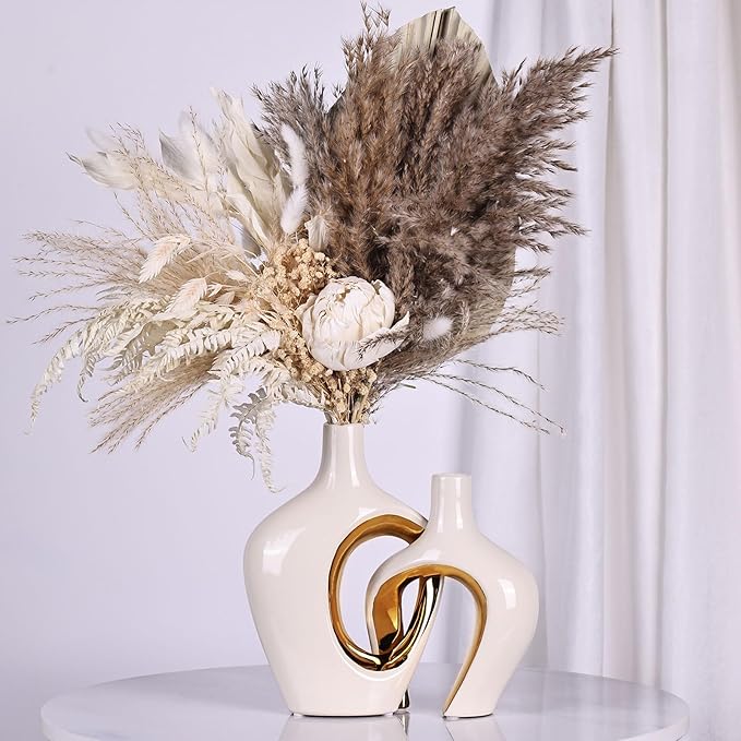 White and Gold Ceramic Vase Set of 2 - Nordic Boho Minimalist Design for Home Decor, Modern Donut & Hollow Style for Living Dining Room, Bedroom, Office - Decorative Pampas Grass &Flower Centerpiece
