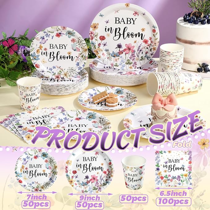 Hsei 250 Pcs Baby in Bloom Baby Shower Decorations Wildflower Plates and Napkins Set Floral Party Tableware Set for 50 Guests Floral Disposable Plates Napkins Cups for Birthday Party Supplies