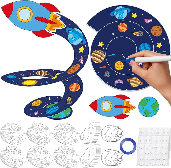 24 Sets DIY 3d Rocket Crafts Kits Color Your Own Outer Space Hanging Decor Coloring Rocket Orbit Paper Art Craft for Space Birthday Party Supplies School Classroom Home Activities Game Gift