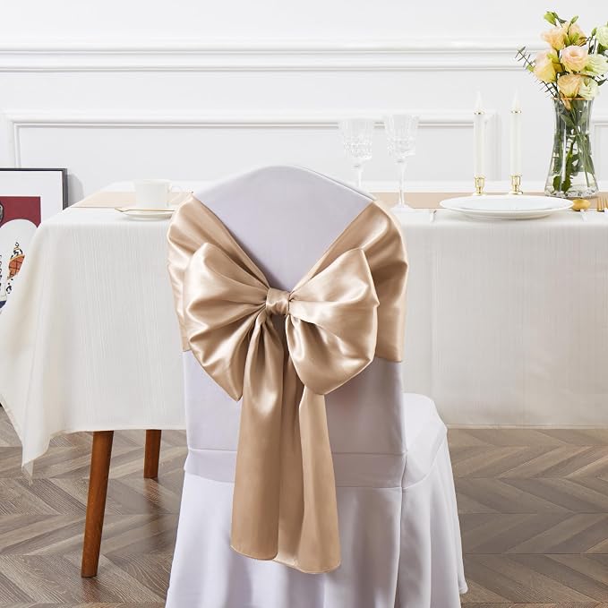 10 Pcs Taupe Satin Chair Sashes Bows Universal Chair Cover for Wedding Reception Events Banquets Party, Hotel Event Decorations, 6 x 108 inch