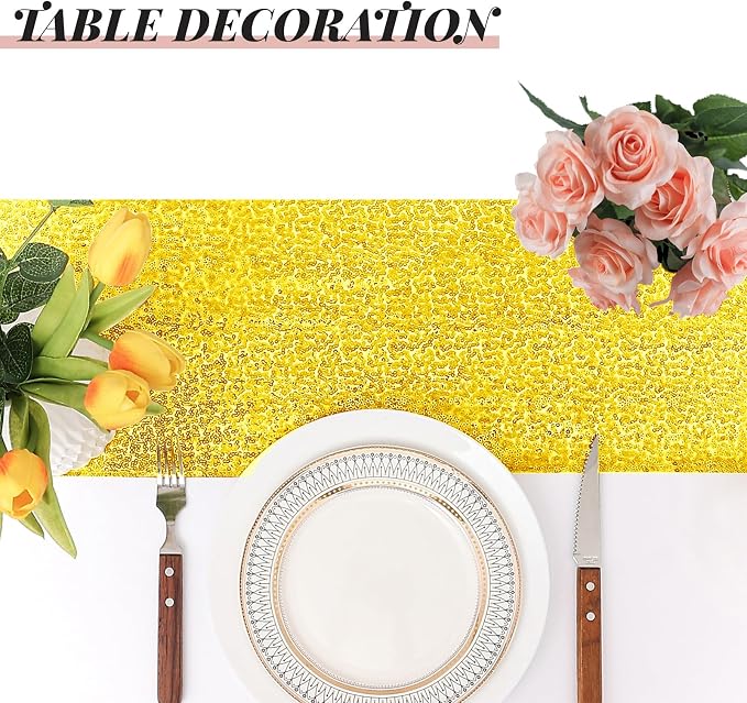 Sugargirl 10 Packs 12 x 72 inches Sequin Table Runner, Glitter Golden Yellow Table Runner for Birthday Party Supplies Wedding Holiday Celebration Event Decorations
