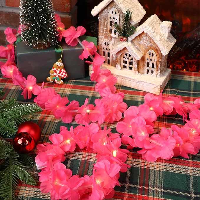 Sherr 48 Pcs LED Hawaiian Leis Light up Flower Leis Necklace with LED Lights Luau Flowers Necklaces for Masquerade Beach Wedding Tropical Themed Party Supplies (Rose Pink)