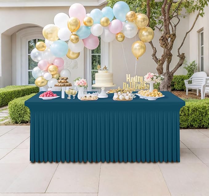 Smiry Spandex Tablecloth, Elastic Fitted Stretch Tablecloth for 4FT Rectangle Tables, Waterproof Washable Table Cover Skirt for Outdoor, Wedding, Banquet & Parties (Peacock Blue, 48Lx30Wx30H Inch)