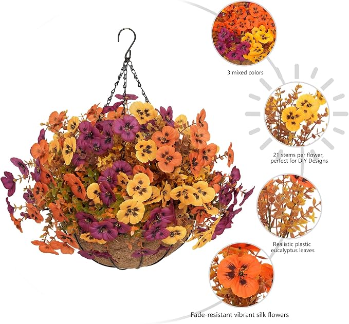 2 Set Artificial Fall Hanging Flower Baskets for Outdoor Autumn Decor, 2 Fall Hanging Baskets with 24Pcs Silk Fake Mums Plants for Front Porch Garden Patio Balcony Yard Home Decoration