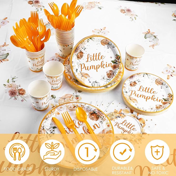 405 Pcs Little Pumpkin Baby Shower Party Decorations Thanksgiving Fall Little Pumpkin Decoration Baby Shower Plates and Napkins Supplies Include Tablecloth Banner Cups for 50 Guests Autumn