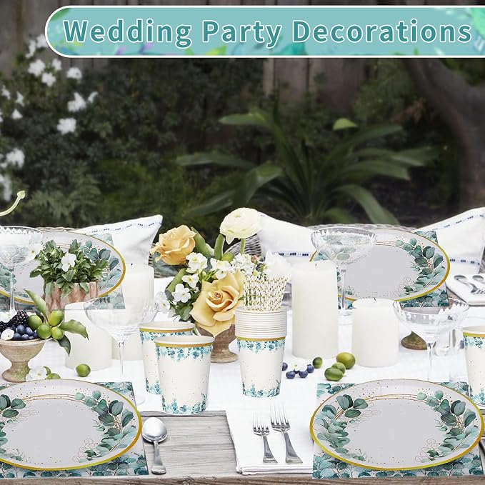 Sage Green Plates and Napkins Party Supplies, Sage Green and Gold Disposable Plates Sets, Sage Green Plates and Napkins Party Supplies Eucalyptus Plates for Table Decor，Serves for 25 (Eucalyptus Set)