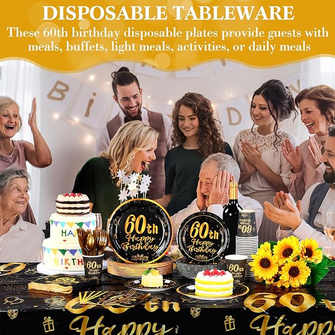 Funnymoom 452 Pcs 60th Birthday Party Decoration Supplies Black and Gold 60th Birthday Paper Plates and Napkins Cups Tablecloth Cutlery Straws Disposable Tableware for Cheers to 60 Years Anniversary