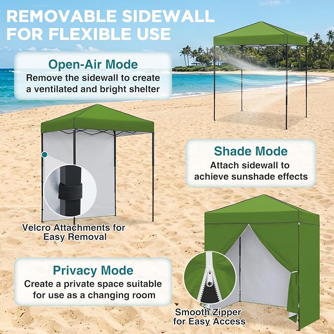 EAGLE PEAK 6x4 Instant Pop Up Canopy Tent with 4 Side Wall Panels, Straight Leg Sun Shelter, Portable Canopy with Carry Bag for Camping, Beach & Sports, Grass Green