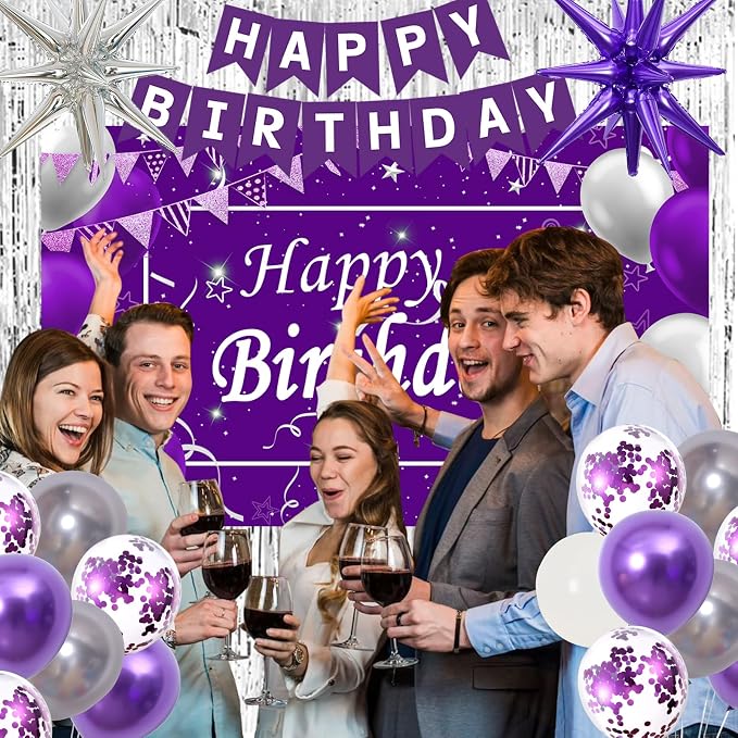 Purple Birthday Decorations for Women Girls, Lavender Purple Silver Party Decorations Kit with Happy Birthday Banner Backdrop Tablecloth Fringe Curtain Balloon Arch