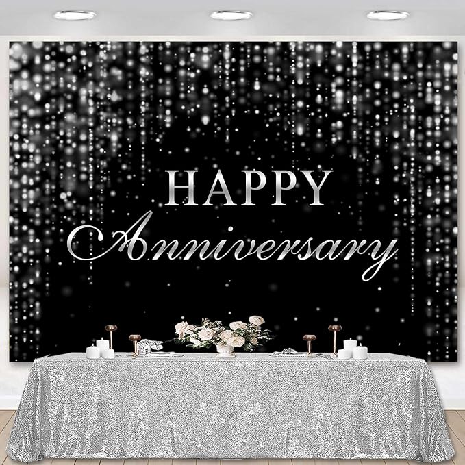 Sensfun Happy Anniversary Backdrop Black Silver Glitter Marriage Wedding Party Decorations Banner Shining Flowing Curtain We Still Do Anniversary Sign Photography Background Photo Booth Props 7x5ft