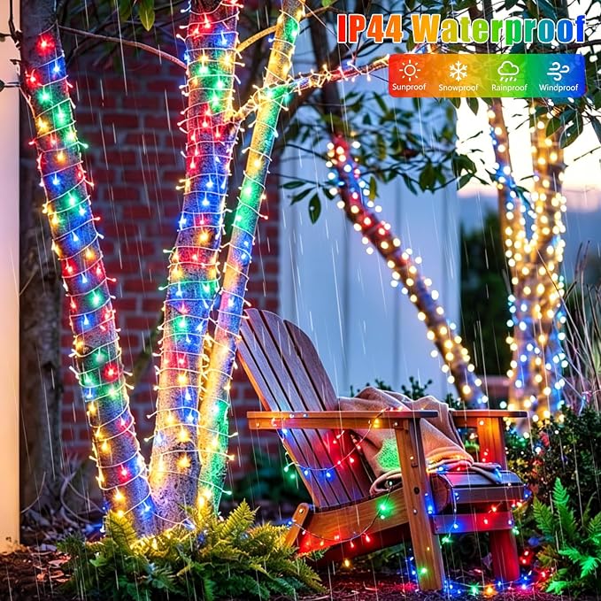 YEGUO Battery Operated String Lights, 2 Pack Each 33ft 100 LED Twinkle Fairy Lights Outdoor Waterproof, 8 Modes Clear Wire Multicolor Christmas Lights Indoor with Remote