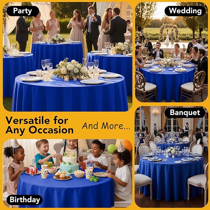 6-Pack Royal Blue Round Tablecloths, 120 Inches, Stain-Resistant Polyester for 5-6 Ft Round Tables - Washable Table Covers for Weddings, Banquets, Birthday Parties, Events