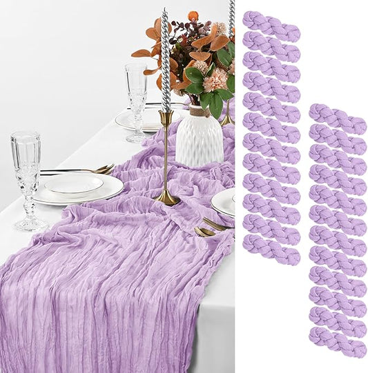 24 Pack Light Purple Table Runner, 10FT Cheesecloth Table Runner Long Romantic Semi Sheer Rustic Boho Gauze Table Runners for Wedding Bridal Shower Birthday Party Decorations(21.5×120 Inch)