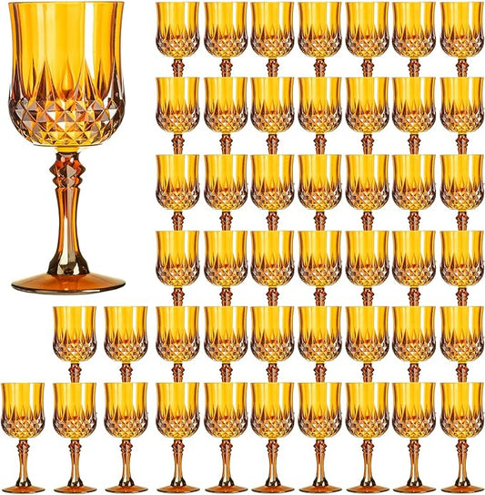 XKXKKE 48 Pcs Amber Plastic Wine Glasses, Plastic Water Goblets for Parties, Stemmed Drinking Glasses for Wedding Reception, Grand Event Party Bar Supplies Reusable Drinking Cups
