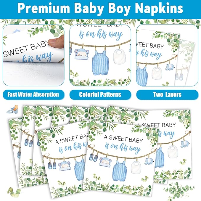 200Pcs Greenery Baby Shower Plates and Napkins Decoration Watercolor Blue Party Tableware Dinnerware Set A Sweet Boy Is On His Way Paper Plates for Baby Boy Gender Reveal Party Supplies Serve 50