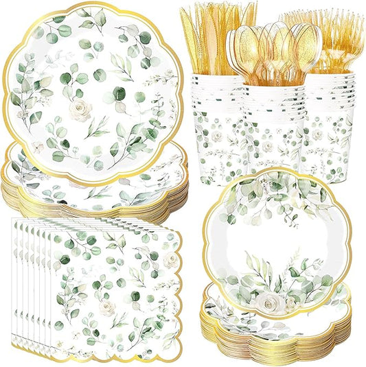 400 Pcs Sage Green Color Party Supplies Serve 50 Guests Eucalyptus Flowers Disposable Paper Plates Napkins and Cups for Bridal Baby Shower Birthday Wedding Party Decorations(Vivid)
