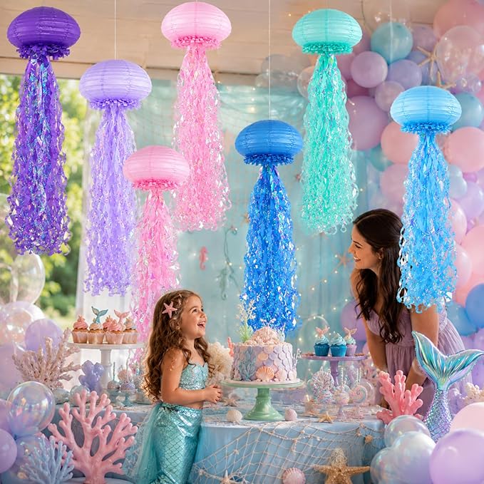 6-Pack Jellyfish Paper Lanterns, Blue Purple Pink Under The Sea Party Decorations, Mermaid Birthday Decorations, Ocean Themed Baby Shower, 10" Jellyfish Lamp for Classroom Decor Pool Party