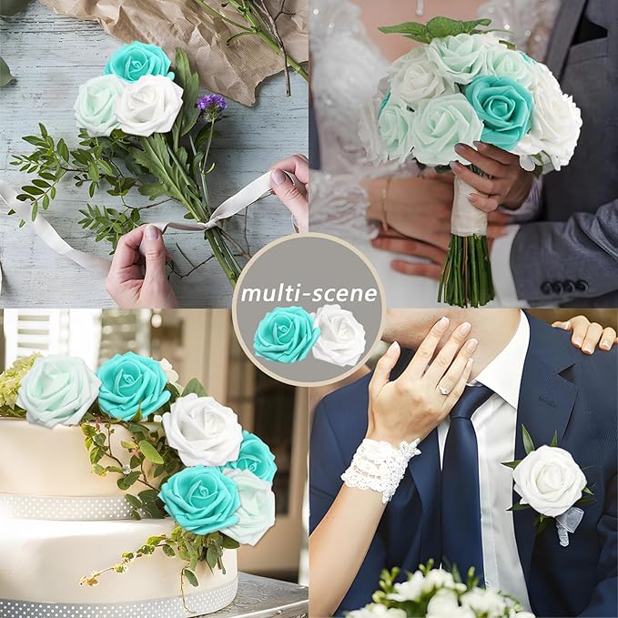 Artificial Flowers Roses Real Looking Foam Fake Roses with Leaves and for DIY Wedding Bouquets Bridal Shower Centerpieces Party Decorations (Green Series, 200)