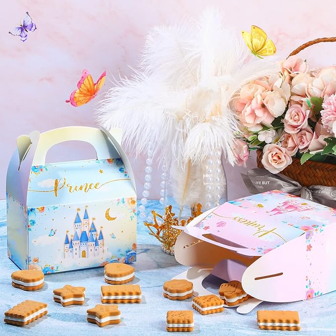 Nezyo Princess and Prince Treat Boxes - Pink & Blue Crown Cardboard Goodie Boxes for Birthday (36 Pcs,Prince and Princess)