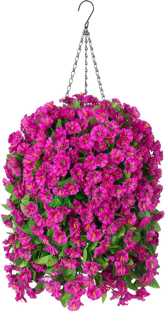 Ammyoo Artificial Faux Hanging Flowers Basket for Spring Summer Outdoor Porch Decoration, Fake Silk Colorful Morning Glory Eucalyptus in Planter UV Resistant for Home Balcony Yard(Red Purple)