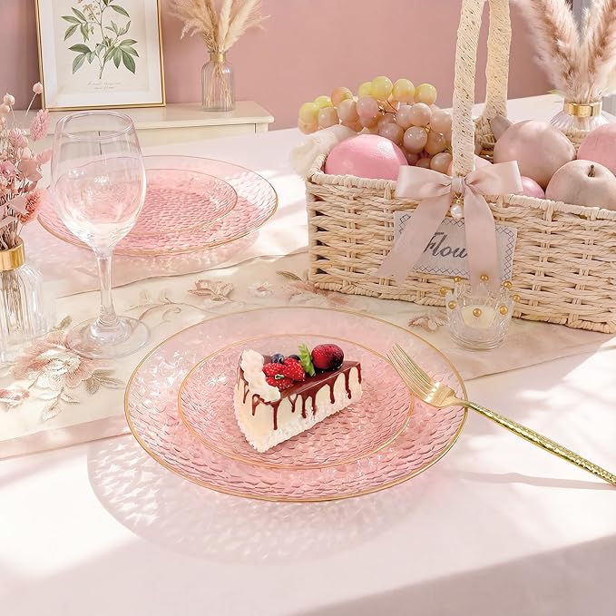 I00000 150Pcs Clear Pink Plastic Plates with Gold Rim,Pink Disposable Plates,Clear Hammer Patterned Disposable plates Set include 30 Dinner Plate,30 Dessert Plate,90 Plastic Silverware Set for Party
