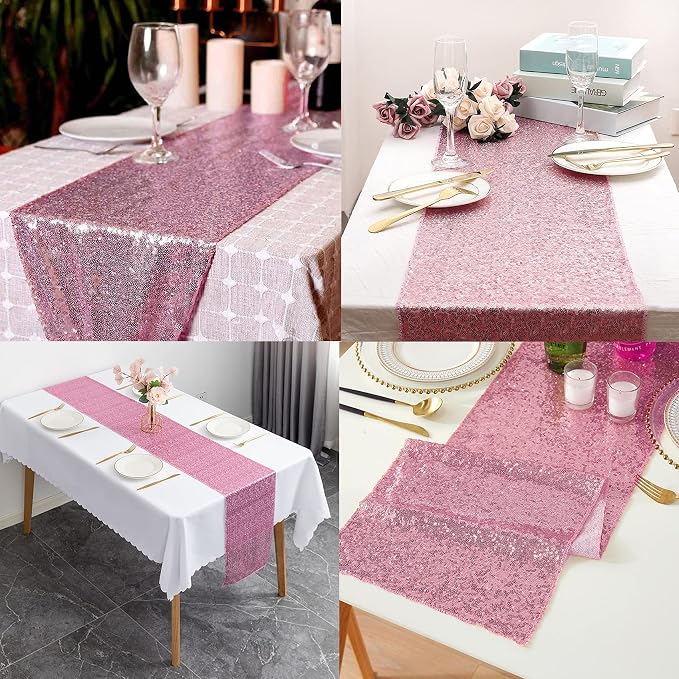 12 Packs 12 X 72 Inch Pink Sequin Table Runner Glitter Dining Table Runner for Birthday Wedding Engagement Bridal Baby Shower Bachelorette Holiday Celebration Party Supplies Decorations (Pink)