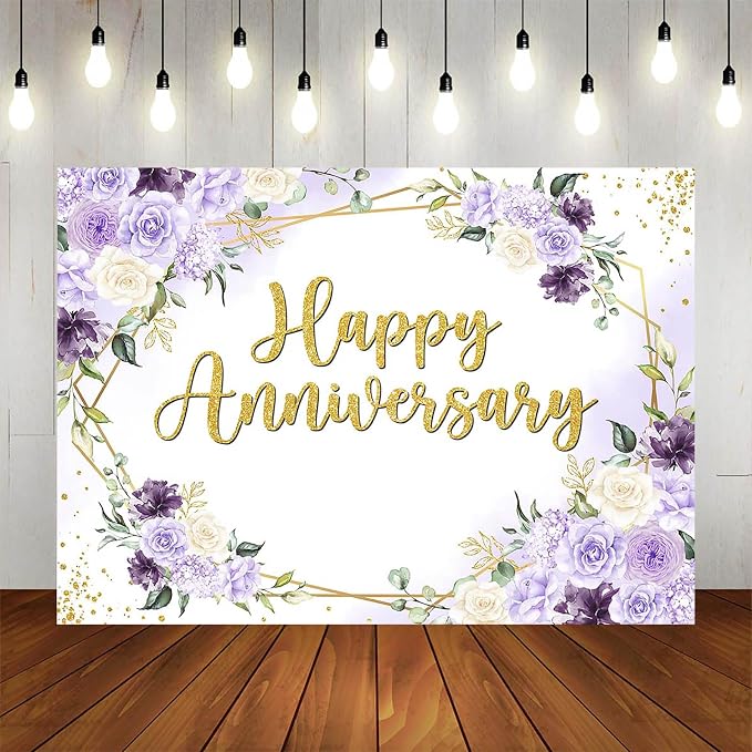 Happy Anniversary Backdrop Purple and White Flowers Anniversary Party Decorations Background Wedding Engagement Bridal Shower Banner Photo Booth Props (8x6ft)
