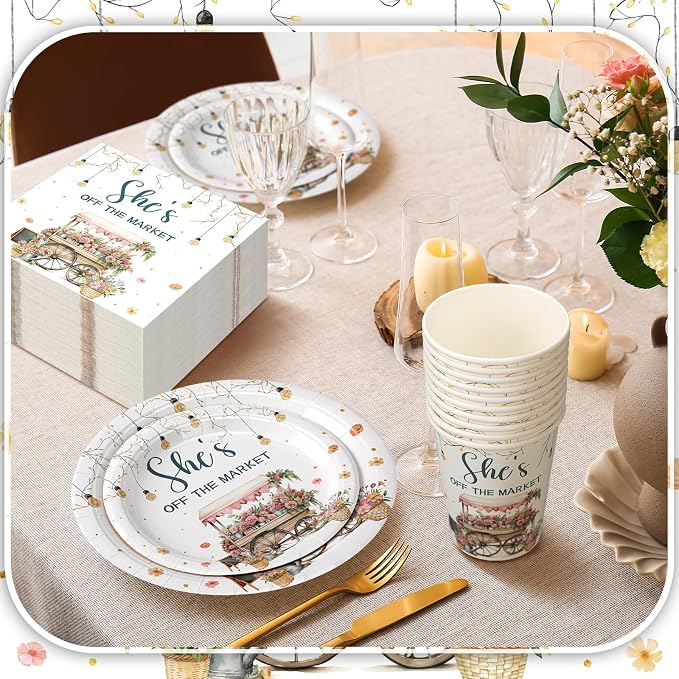 Zhehao 200 Pcs She's off the Market Bridal Shower Plates Napkins Sets Bridal Shower Decoration Wedding Decorations Wedding Paper Plates Engagement Bachelorette Supplies, Serve 50
