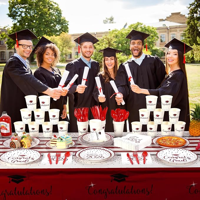350pcs Class of 2026 Graduation Plates and Napkins Set, Disposable Paper Plate Set Polka Dots Napkins Cups Knife Fork Spoon for Graduation Party Decorations and Supplies,Serve 50 (White Maroon)