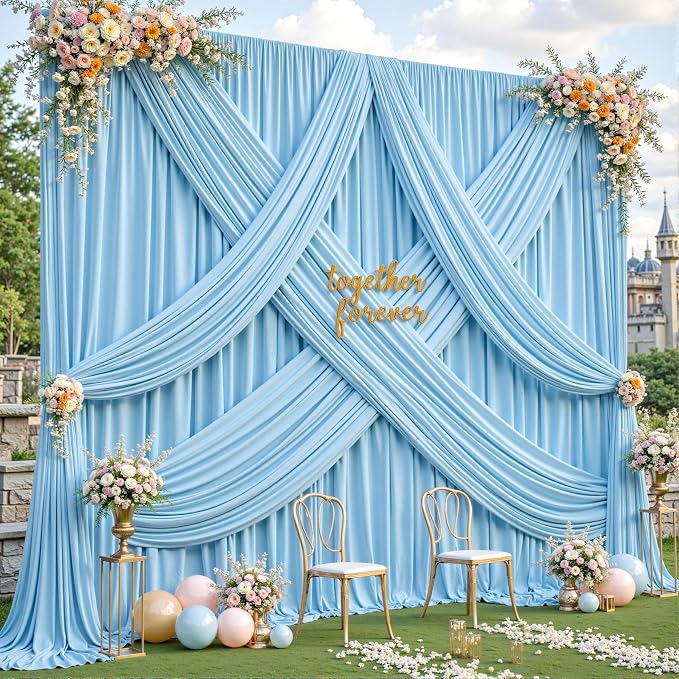4 Panels Baby Blue Backdrop Curtains - Wrinkle Free Fabric Backdrop Curtain for Photoshoot, 10FT Wedding Party Photo Backdrop Drapes for Birthday Baby Shower Photography Stage Background Decorations