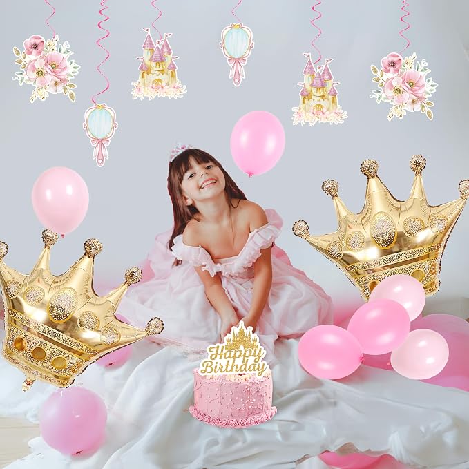 Happy Birthday Decorations For Women Men,Birthday Backdrop,Banner Balloons,Table Cloth,Paper pom poms Party Supplies for Girls Boys (Princess)