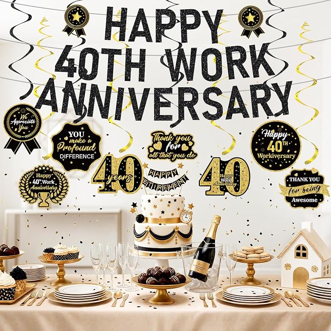 11pcs 40 Year Work Anniversary Decorations Black Gold Happy 40th Work Anniversary Banner Hanging Swirls Employee Appreciation Decorations Supplies 40 Year Workiversary Gifts for Employee Worker