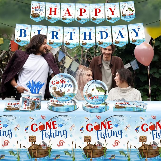 142 Pcs Gone Fishing Tableware,Fishing Birthday Party Decoration Little Fisherman Gone Fishing Themed Disposable Tablecloth,Plates,Napkins Cups Forks and Knives Supplies of Fishing Birthday Party