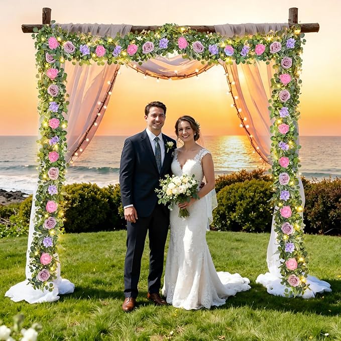 Livole 6 FT Artificial Flower Garland with Lights Pink Fake Roses Peony Floral Garland with Eucalyptus Flower Hanging Vine for Wedding Arch Table Centerpieces Backdrop Party Home Decorations
