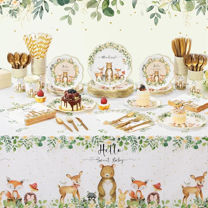 Funnymoom 452 Pcs Woodland Baby Shower Decorations for 50 Guests, Forest Animals Woodland Paper Plates Napkins Cups Tablecloth Cutlery Straws for Neutral Forest Animal Baby Shower Party Supplies