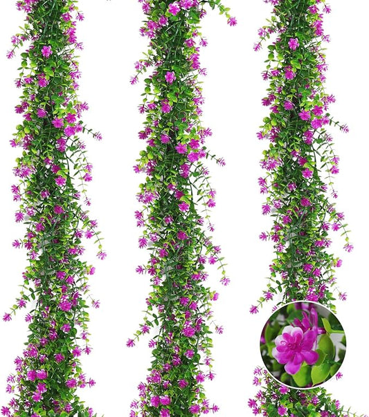 RECUTMS Hanging Garland Plants Artificial Flowers Fake Eucalyptus Greenery Garlands Leaf Garland with Flowers Hanging Faux Vine Plants for Spring Wedding Arch Backdrop Wall Decor 3 Pcs (Fuchsia)