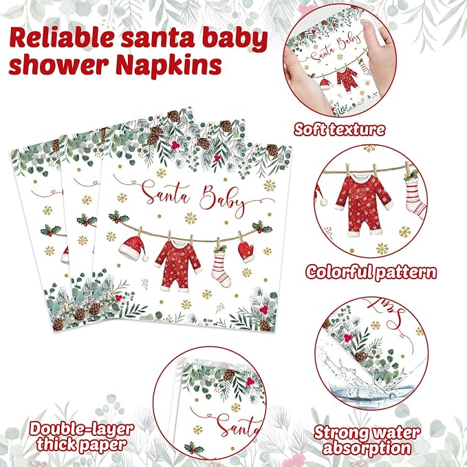 96 Pcs Christmas Baby Shower Party Plates Napkins Santa Clothes Tableware A Santa Baby Is On The Way Plates Napkins Christmas Shower Supplies Xmas Party Dinnerware Set Decorations for 24 Guests
